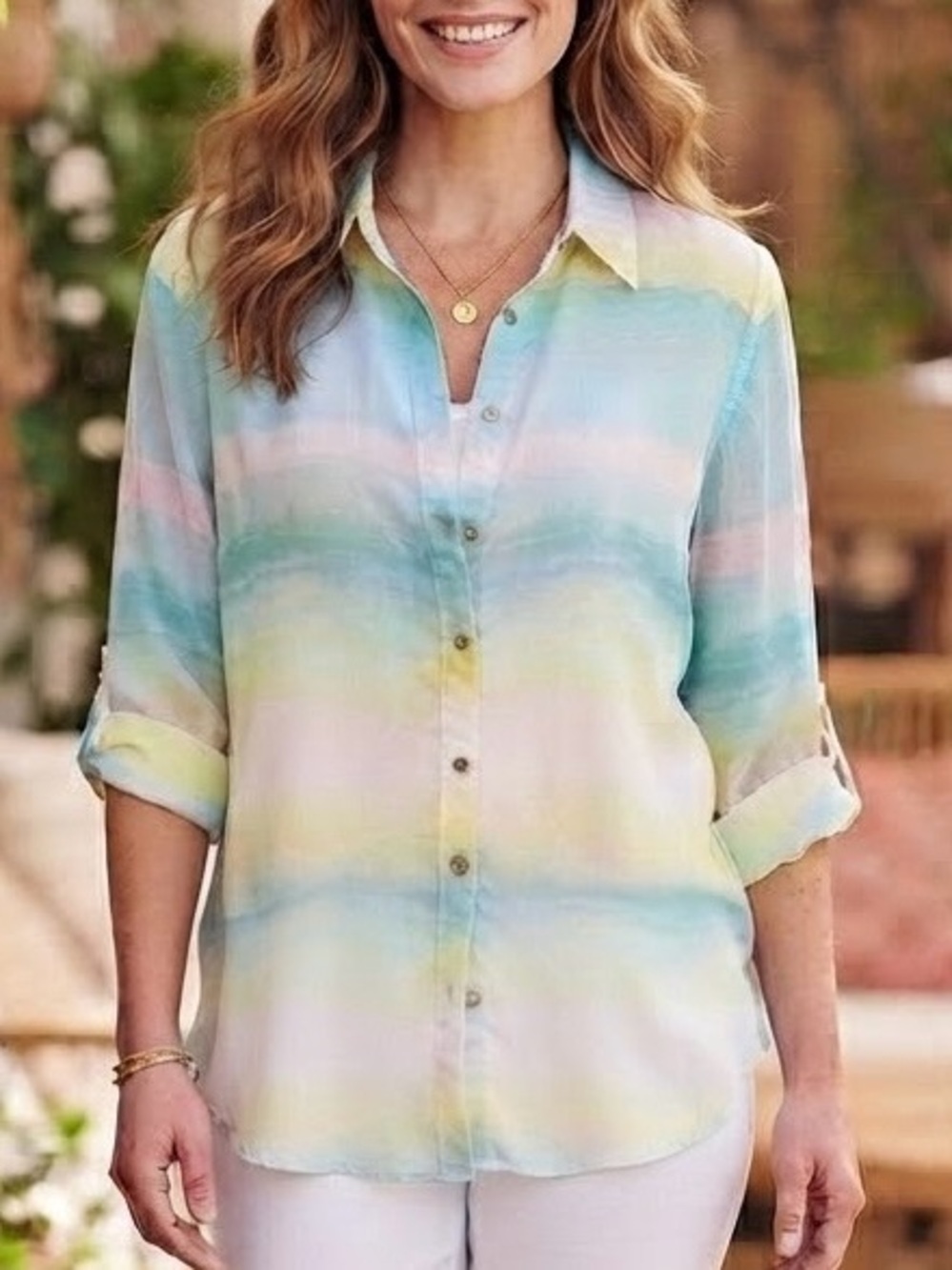 Chico's Coastal Pastel Striped Lightweight Sheer Button Down Sz 2 / L